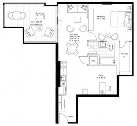 Floor plan for 1 bed, 1 bath, 805 sqft